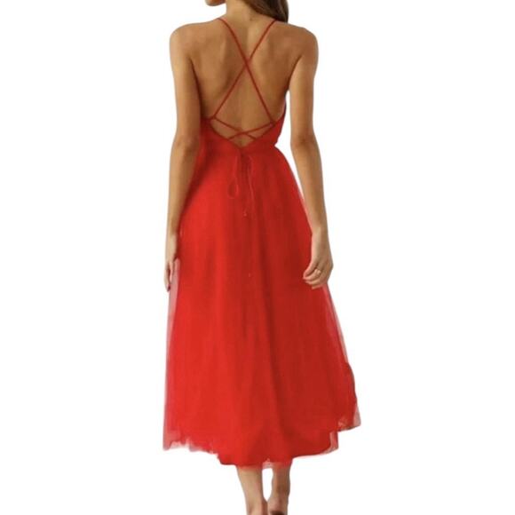 Hello Molly Red Tulle Midi Dress Size M AU10/US6 Deep V Backless Criss Cross NWT - Picture 2 of 6